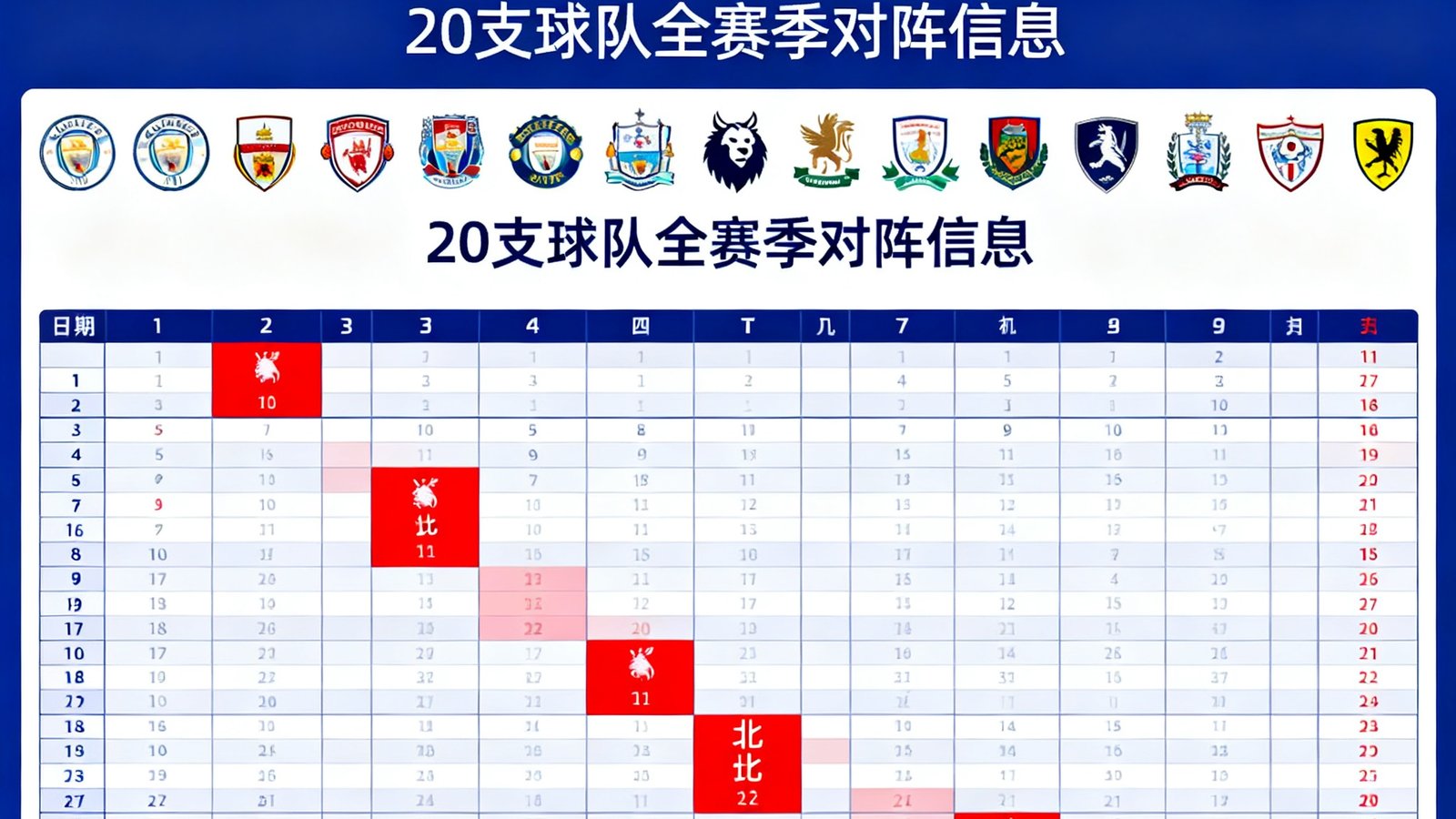 2025-26赛季英超联赛完整赛程信息图，20支球队队徽整齐排列，曼彻斯特德比和北伦敦德比日期用红色高亮标注