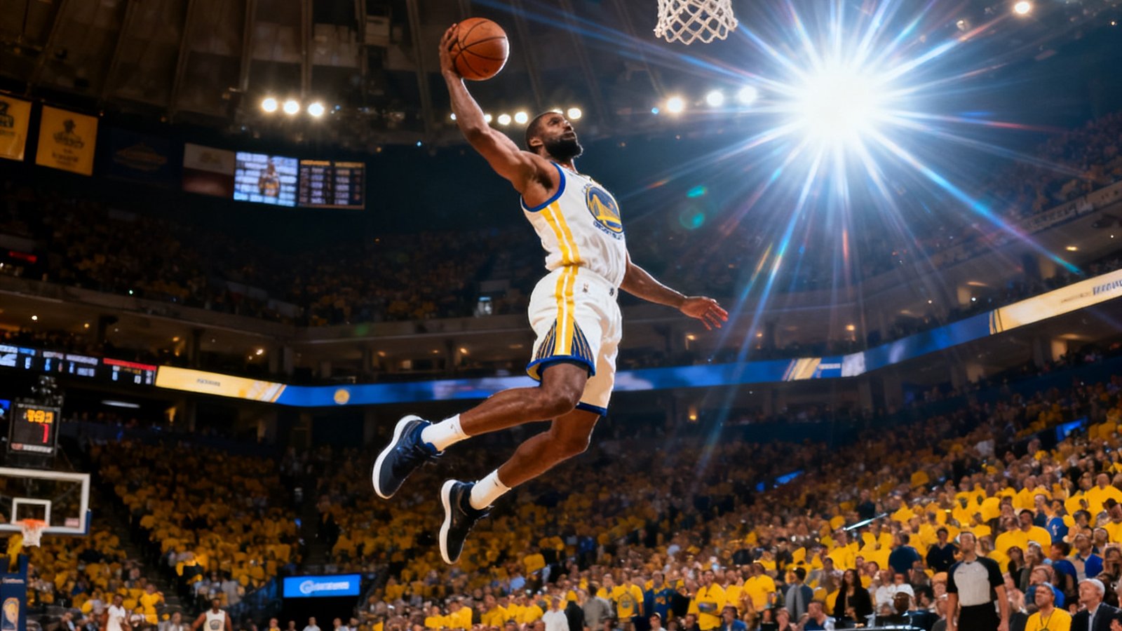 NBA总决赛第七场决胜时刻，篮球馆内座无虚席，一名球员飞身暴扣，空中姿态被场边闪光灯凝固成经典画面